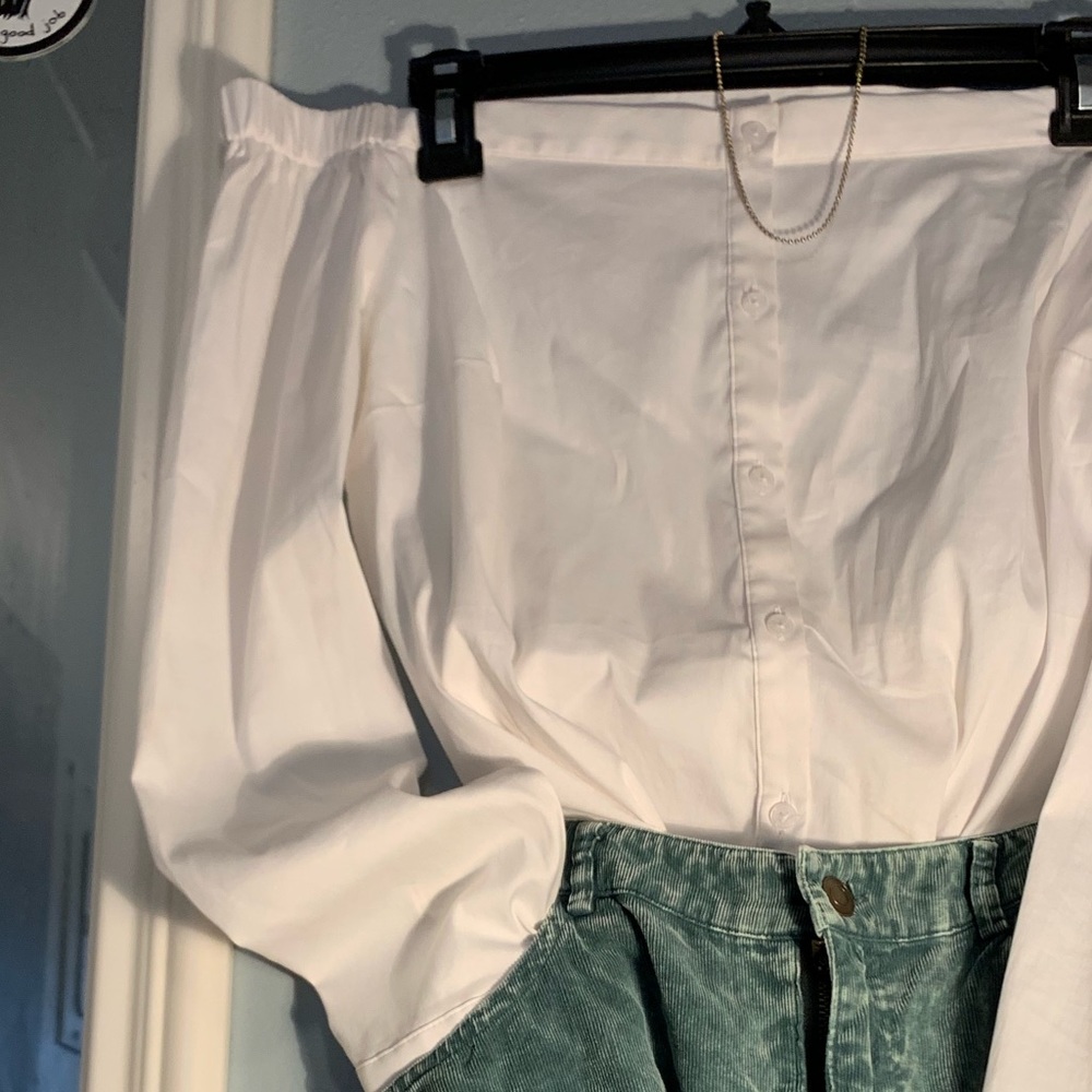 off-the-shoulder, button-down blouse